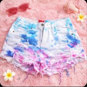 Sihnderella Brand White jean shorts tie dye pink and blue size medium